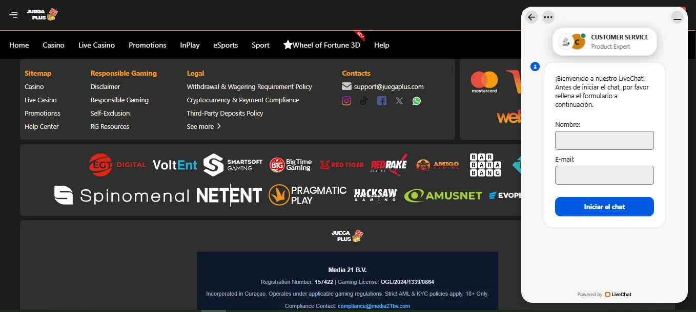 Juega Plus live chat widget
