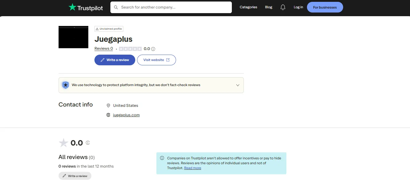 Juega Plus Trustpilot profile with zero reviews