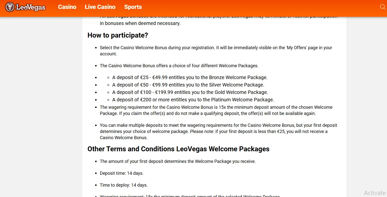 LeoVegas welcome bonus terms: tiered package at 15x wagering — TopCasinoScout verified