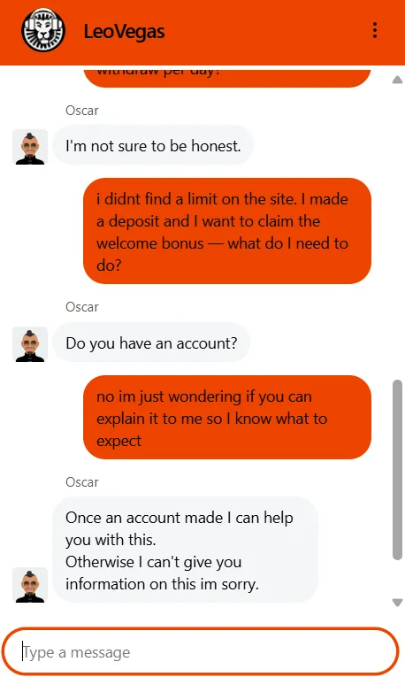 LeoVegas live chat support test with agent Oscar — TopCasinoScout