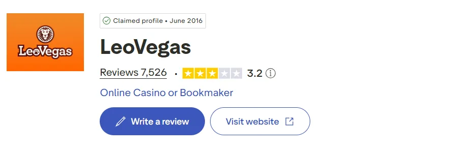 LeoVegas Trustpilot rating 3.2 out of 5 from 7,526 reviews — TopCasinoScout