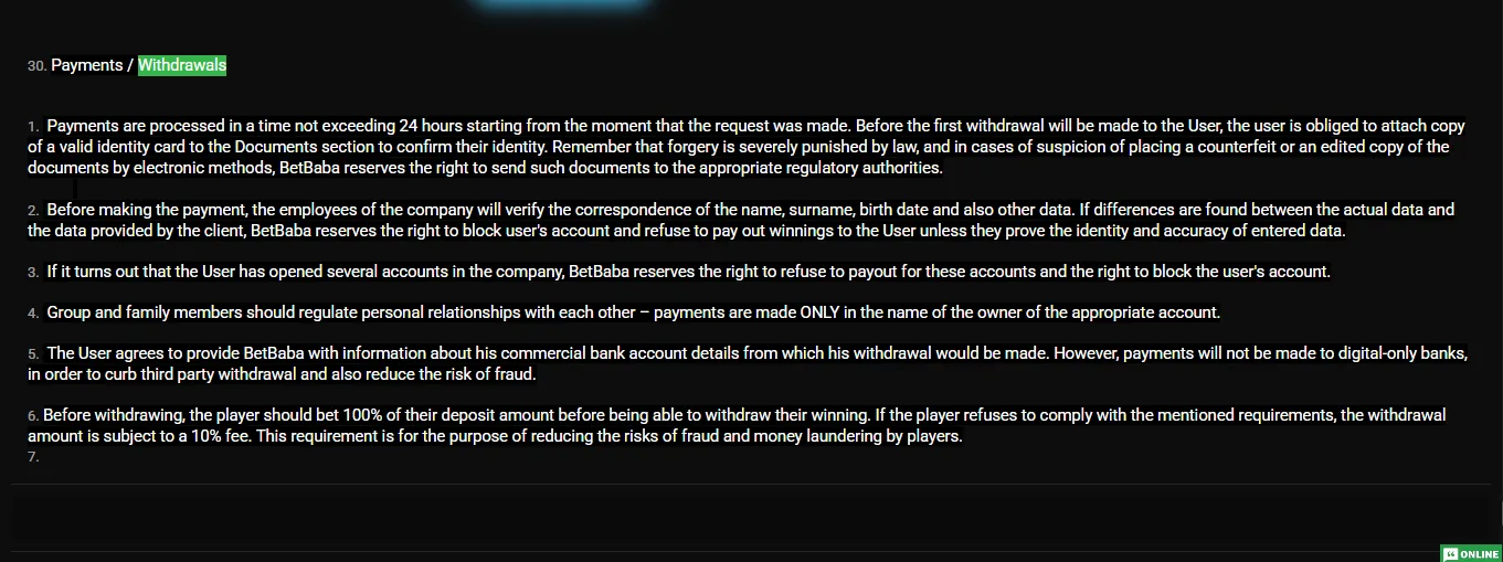 BetBaba withdrawal terms