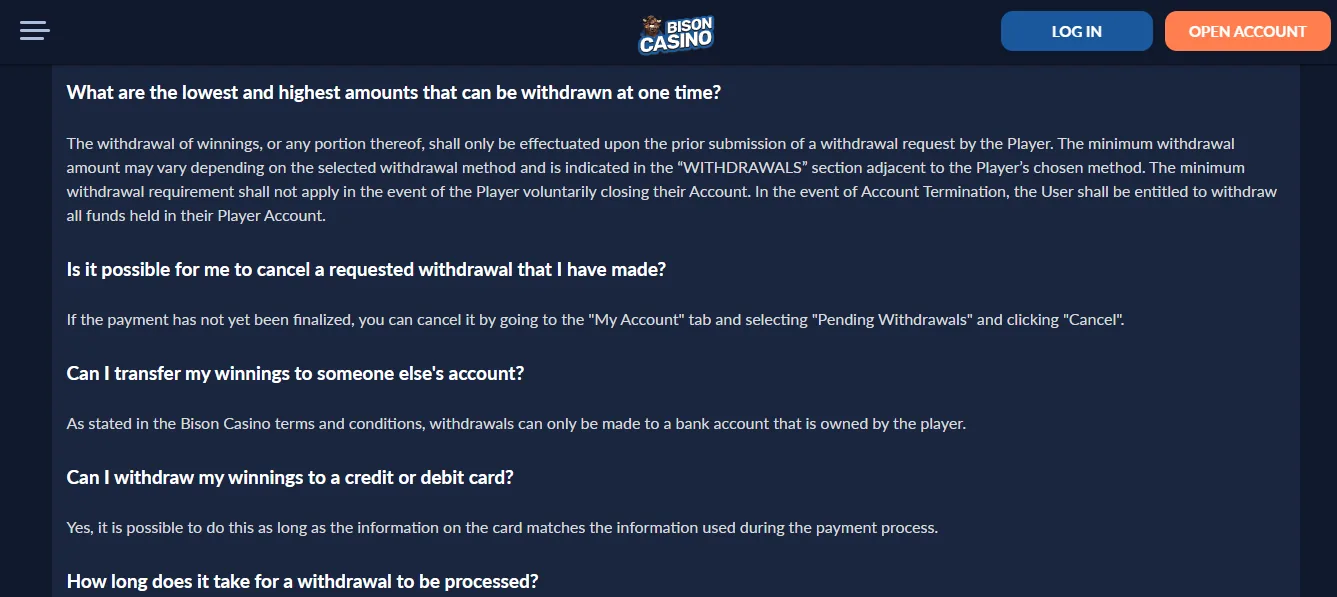 Screenshot of Bison's withdrawal section and limits