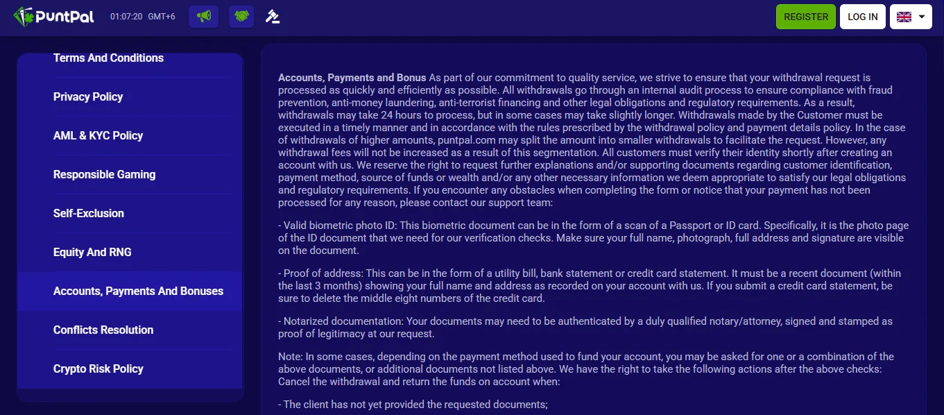 Screenshot of Puntpal's bonus terms and wagering requirements