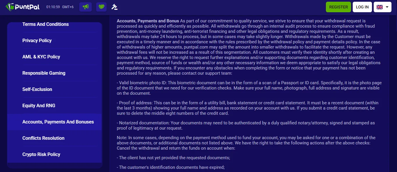 Screenshot of Puntpal's withdrawal section and limits