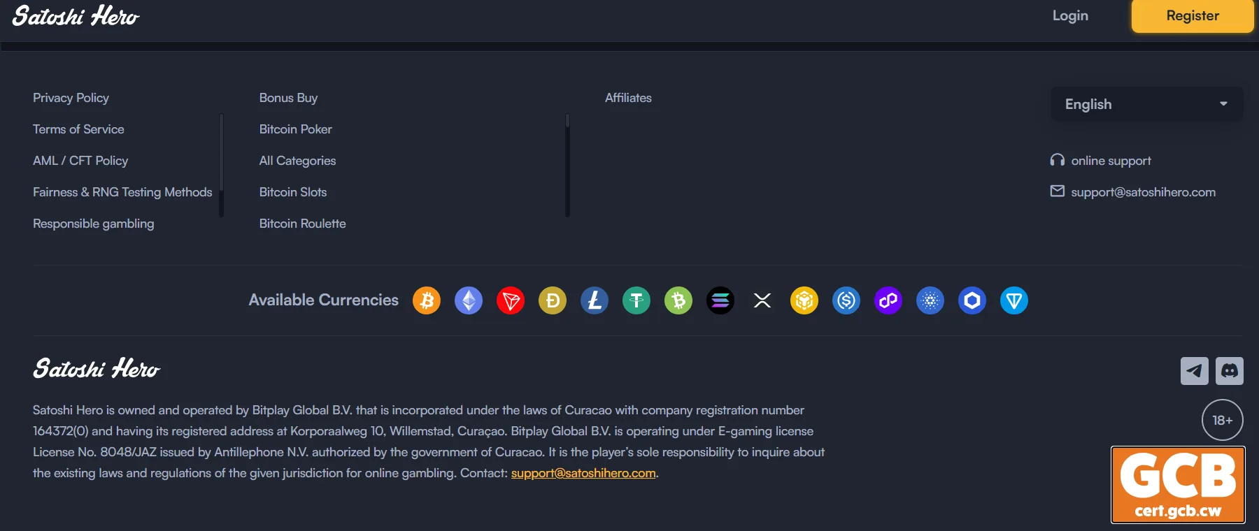 Satoshi Hero footer showing its Curacao licence