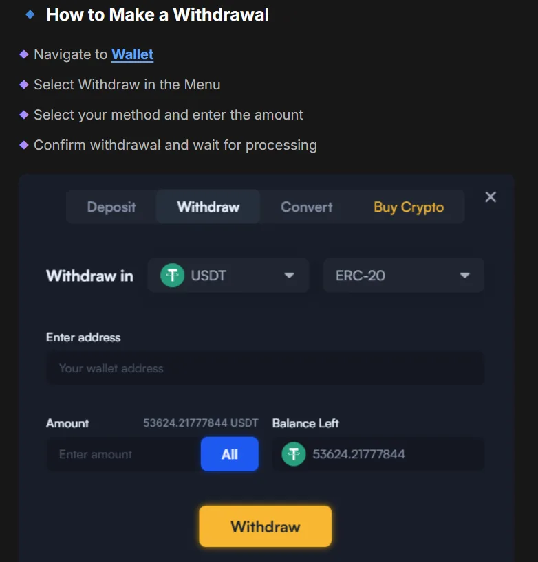 Satoshi Hero withdrawal terms in the cashier