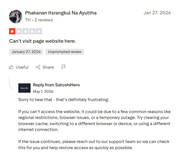 A recent negative Satoshi Hero review on Trustpilot