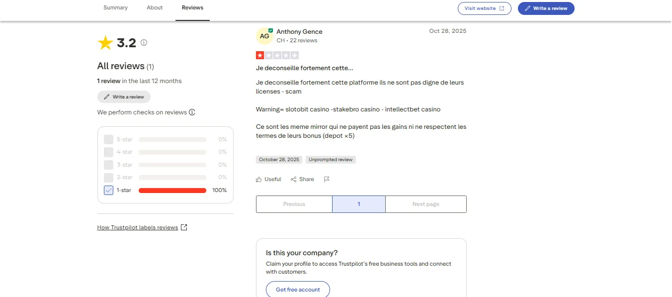 Screenshot of Slotystake's negative Trustpilot review