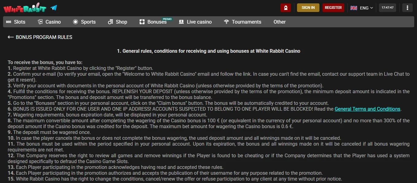 Screenshot of White Rabbit's bonus terms and wagering requirements