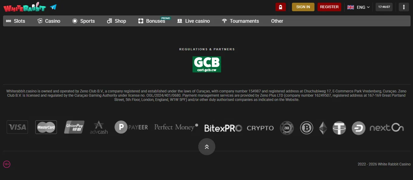 Screenshot of White Rabbit's footer licence and regulator details
