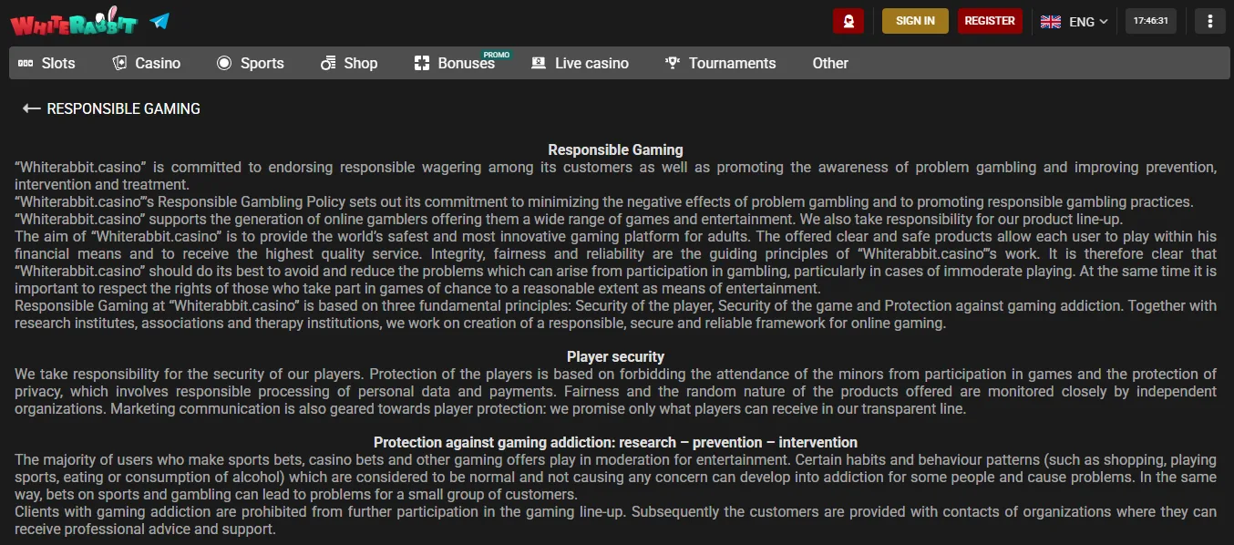 Screenshot of White Rabbit's responsible-gambling tools