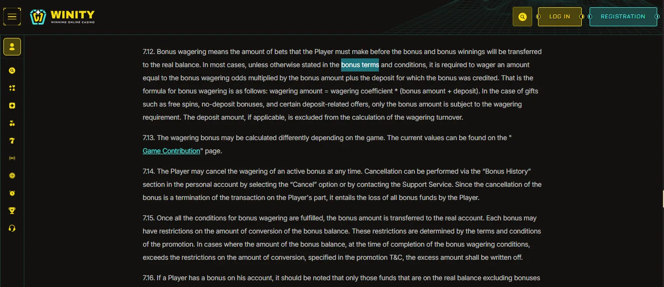 Screenshot of Winity's bonus terms and wagering requirements