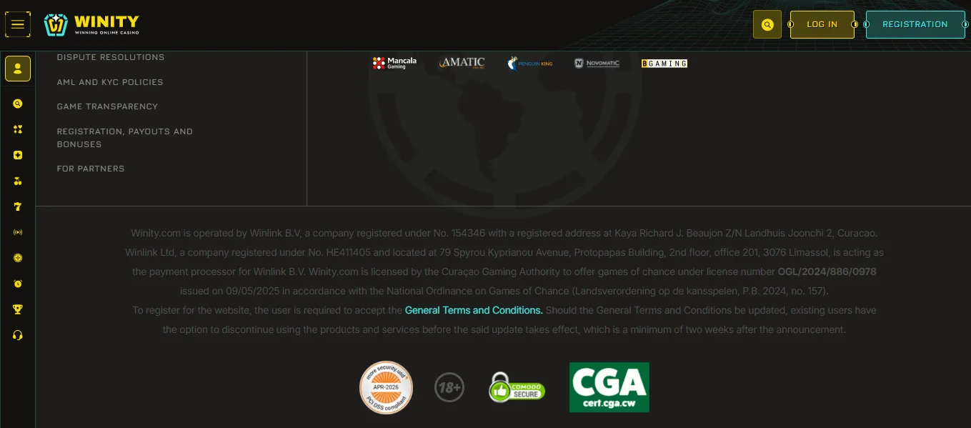 Screenshot of Winity's footer licence and regulator details