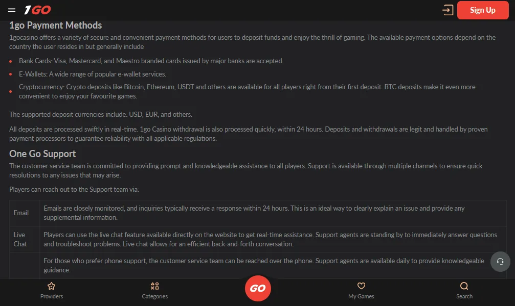 Screenshot of 1GO Casino's cashier and payment methods