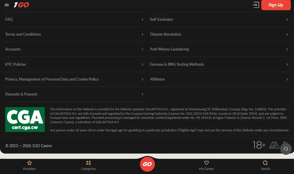 Screenshot of 1GO Casino's footer licence and regulator details
