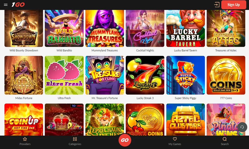 Screenshot of 1GO Casino's games lobby