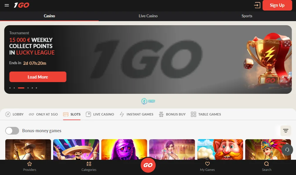 Screenshot of 1GO Casino's homepage
