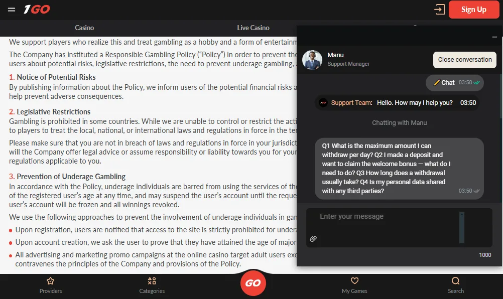 Screenshot of 1GO Casino's live chat support window