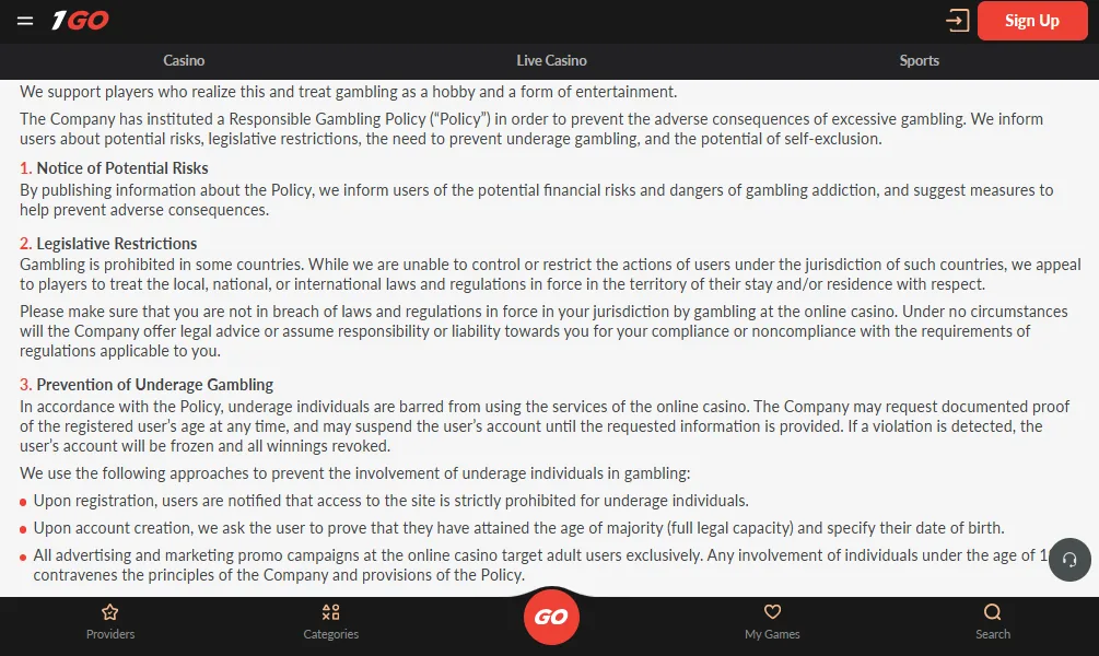 Screenshot of 1GO Casino's responsible-gambling tools