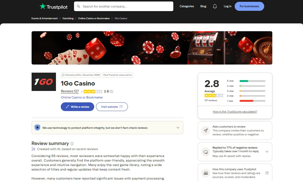 Screenshot of 1GO Casino's Trustpilot rating overview