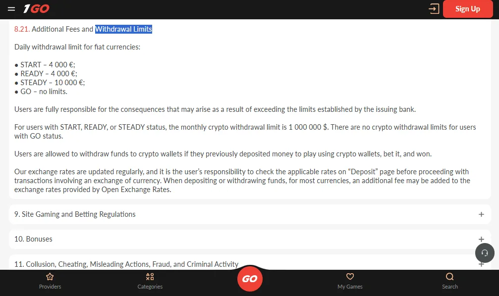 Screenshot of 1GO Casino's withdrawal section and limits