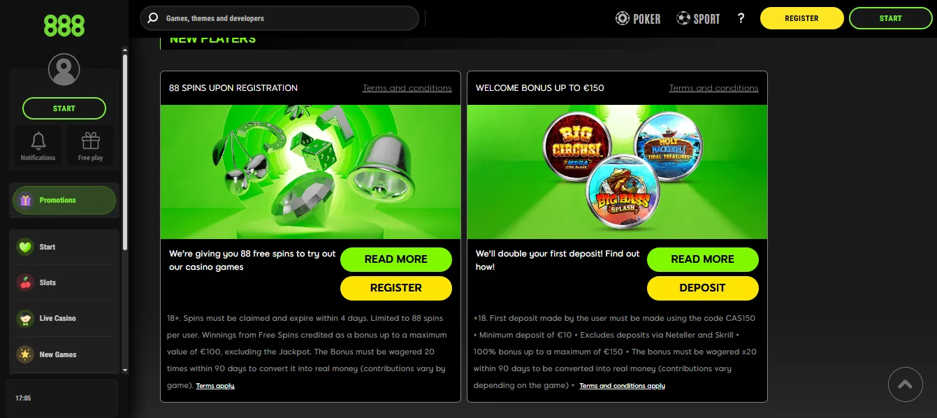 Screenshot of 888 Casino's welcome bonus offer