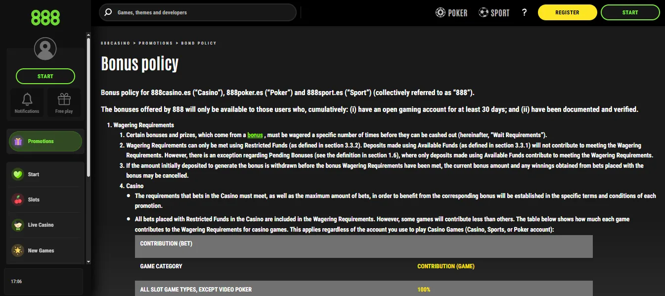 Screenshot of 888 Casino's bonus terms and wagering requirements