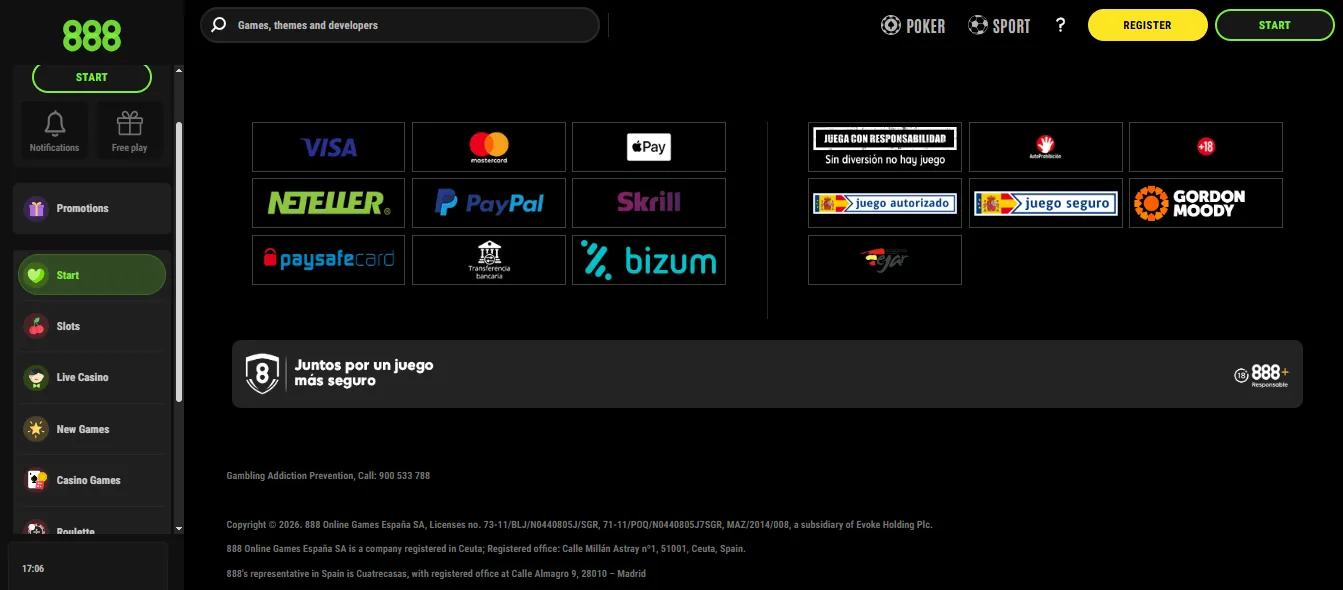 Screenshot of 888 Casino's cashier and payment methods