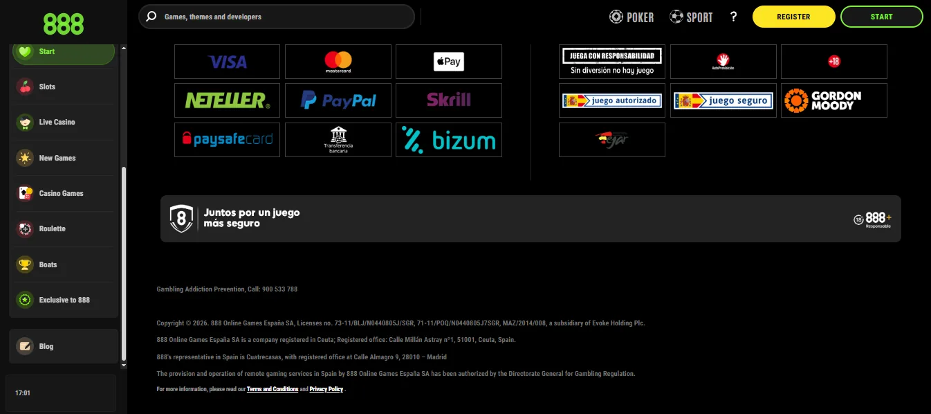 Screenshot of 888 Casino's footer licence and regulator details