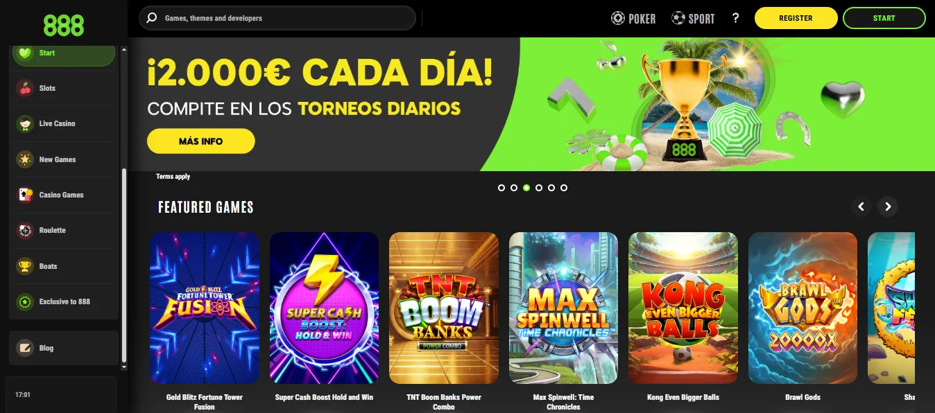 Screenshot of 888 Casino's homepage