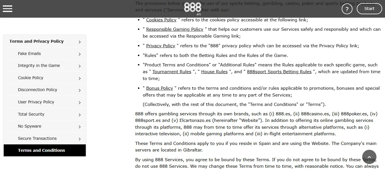 Screenshot of 888 Casino's responsible-gambling tools