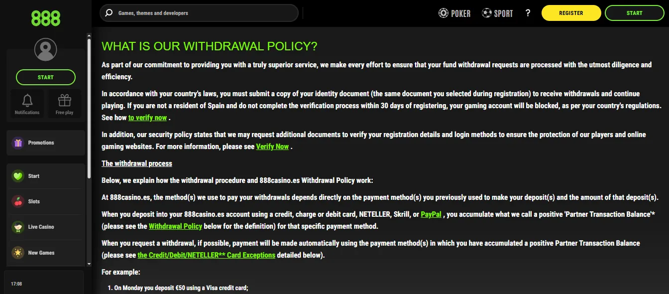 Screenshot of 888 Casino's withdrawal section and limits