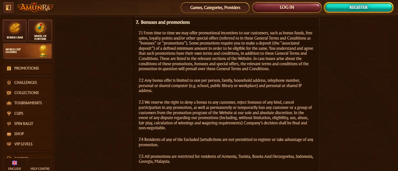 Screenshot of AmunRa's bonus terms and wagering requirements