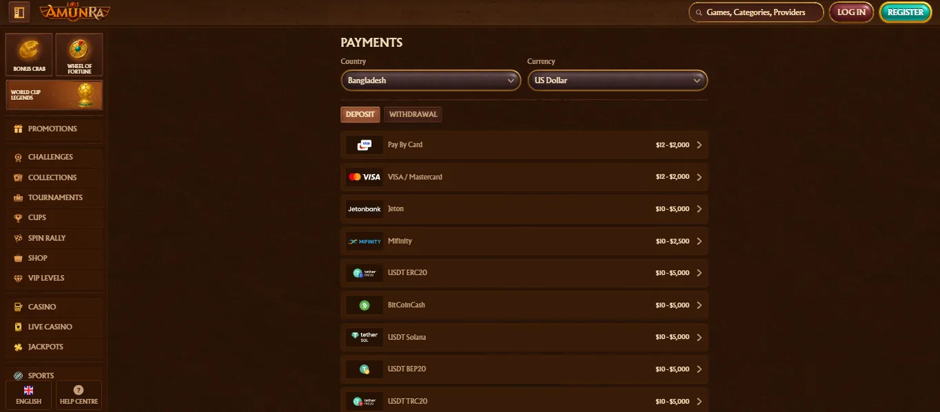 Screenshot of AmunRa's cashier and payment methods