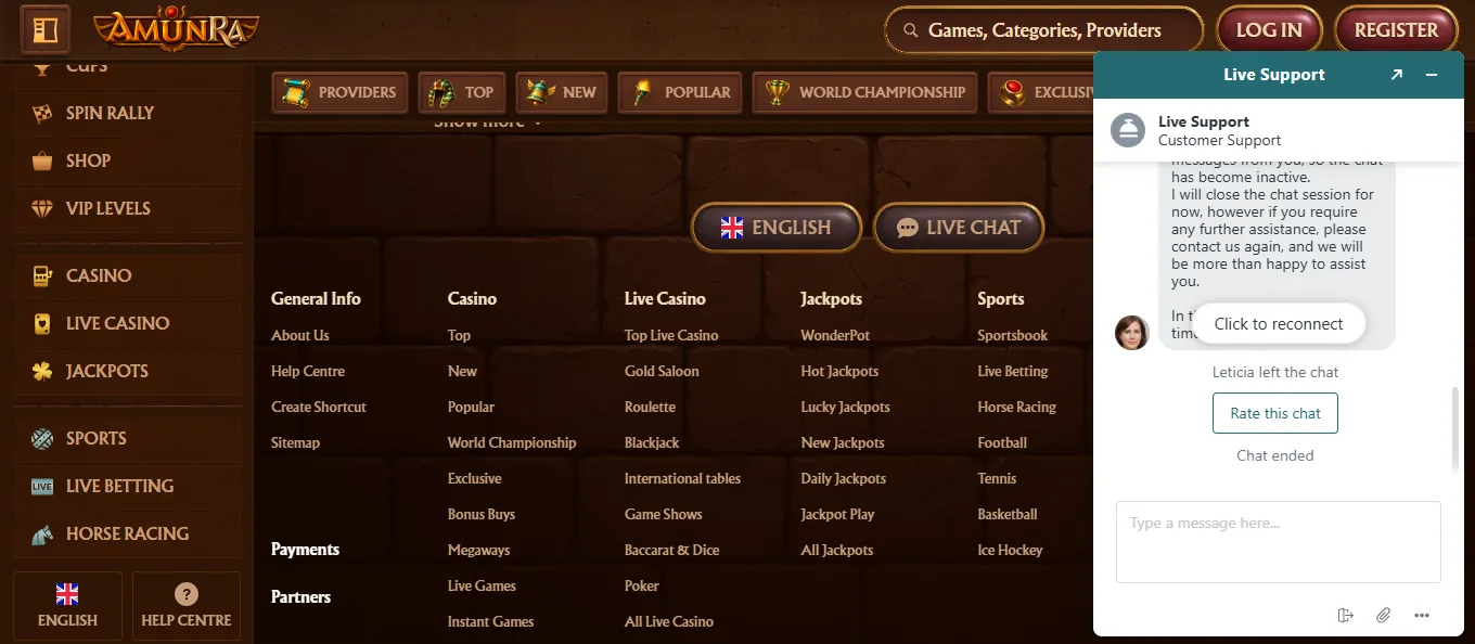 Screenshot of AmunRa's live chat support window