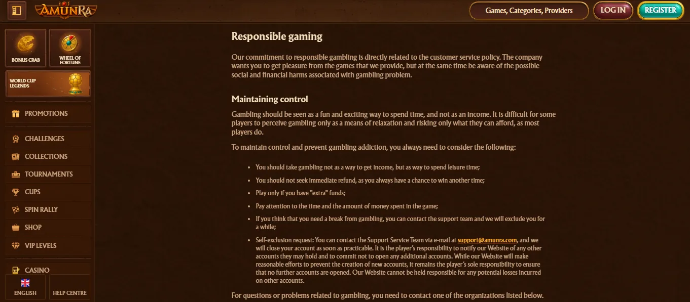 Screenshot of AmunRa's responsible-gambling tools