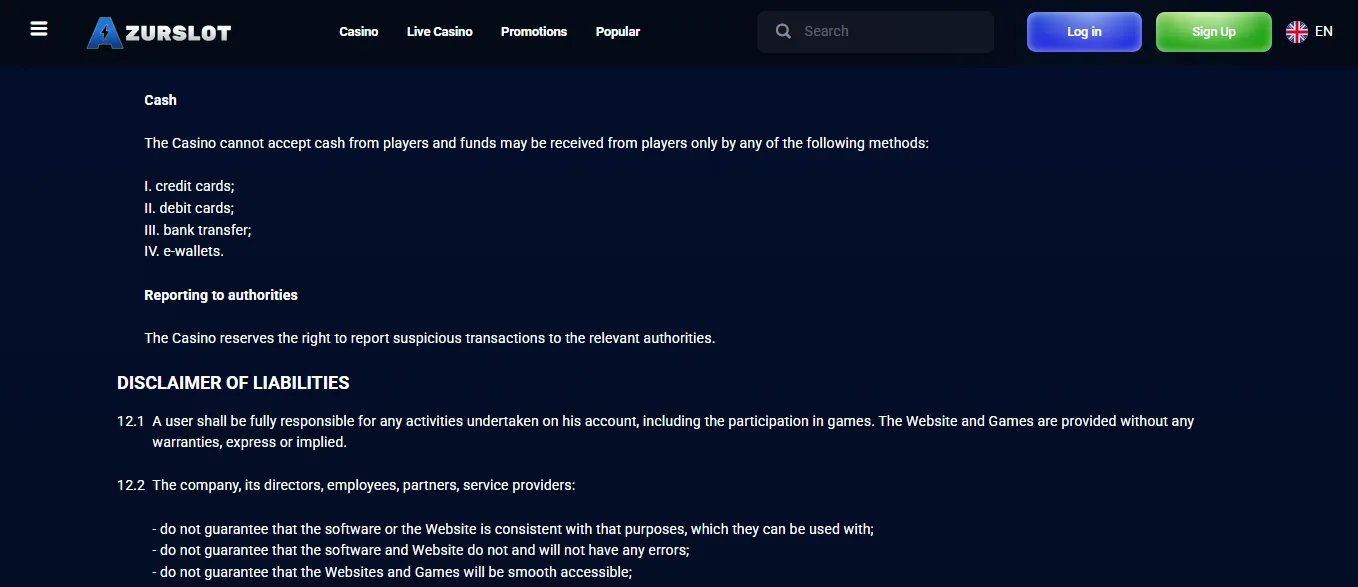 Screenshot of AzurSlot's cashier and payment methods