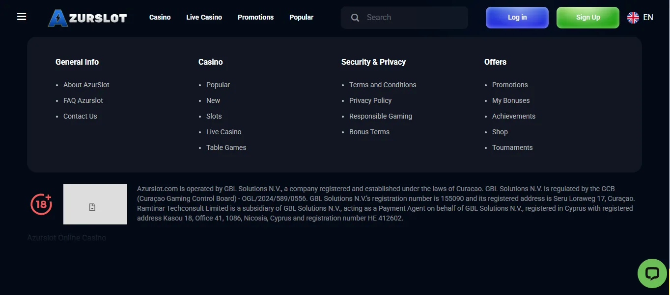 Screenshot of AzurSlot's footer licence and regulator details