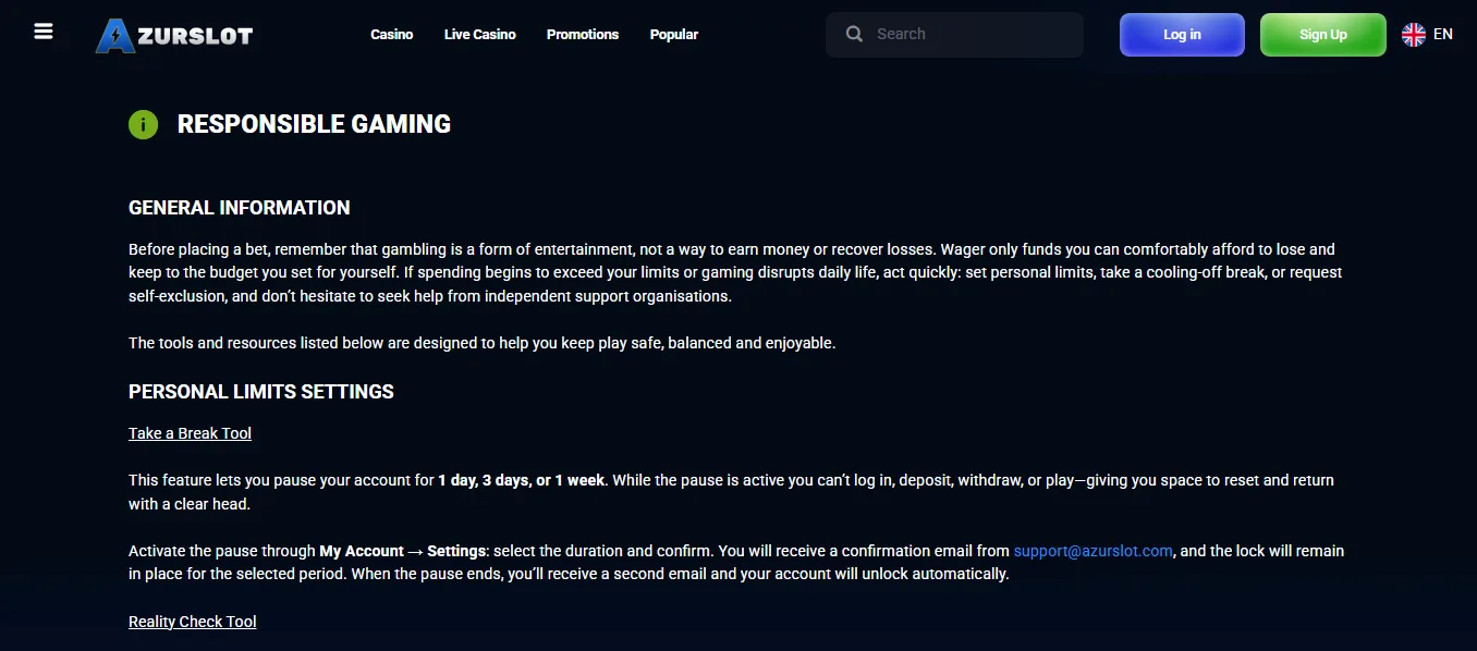 Screenshot of AzurSlot's responsible-gambling tools