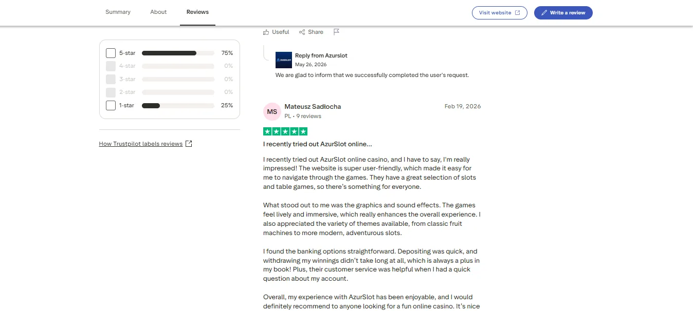 Screenshot of AzurSlot's negative Trustpilot review