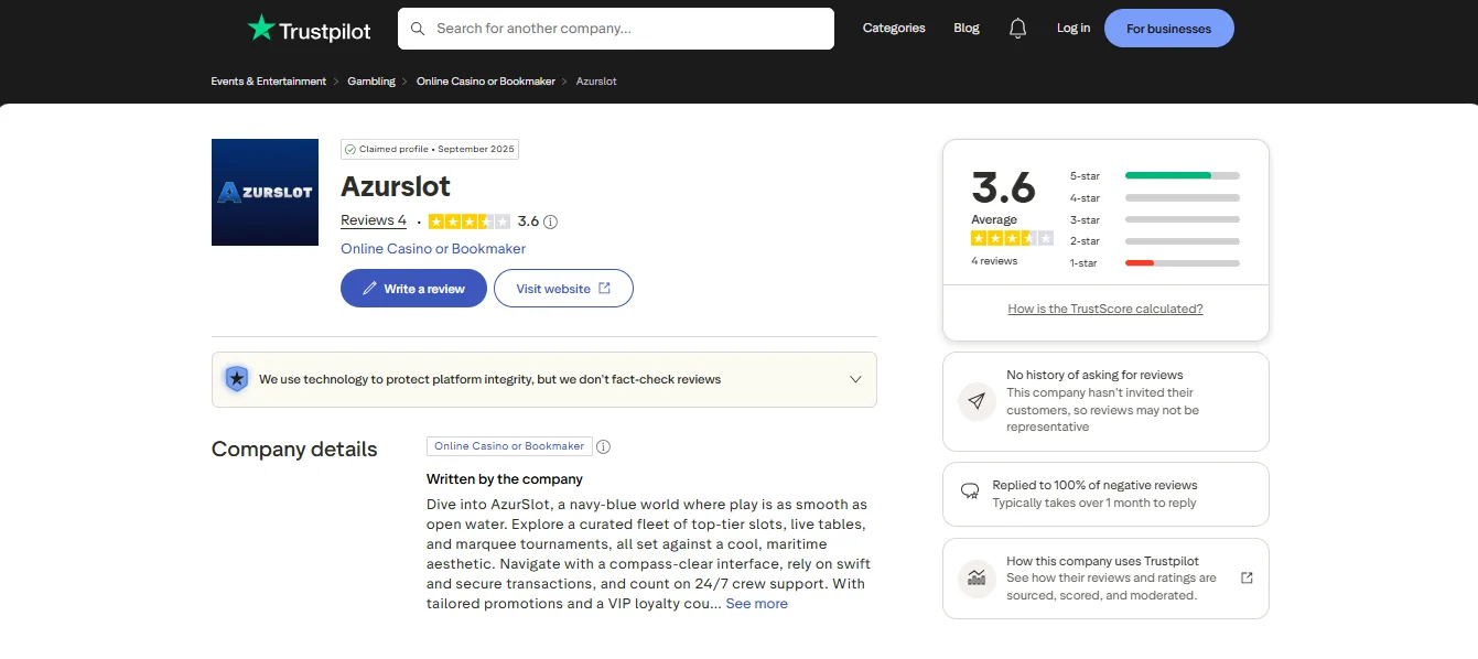 Screenshot of AzurSlot's Trustpilot rating overview