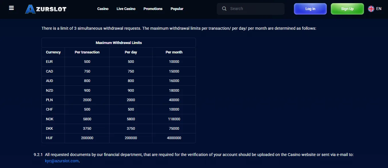 Screenshot of AzurSlot's withdrawal section and limits