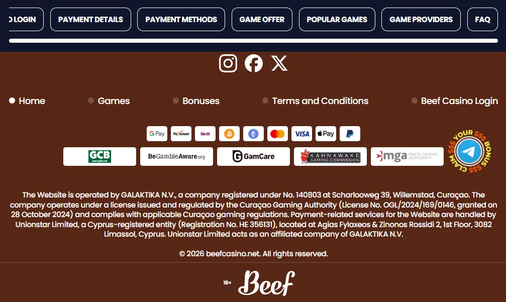 Screenshot of Beef's footer licence and regulator details