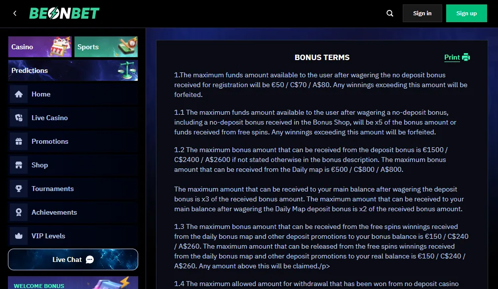 Screenshot of BeonBet's bonus terms and wagering requirements