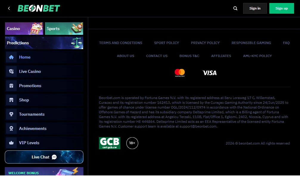 Screenshot of BeonBet's footer licence and regulator details