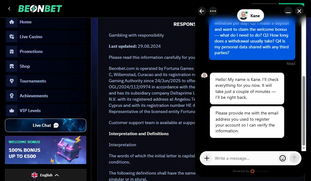 Screenshot of BeonBet's live chat support window