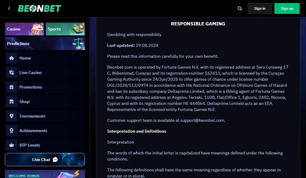 Screenshot of BeonBet's responsible-gambling tools