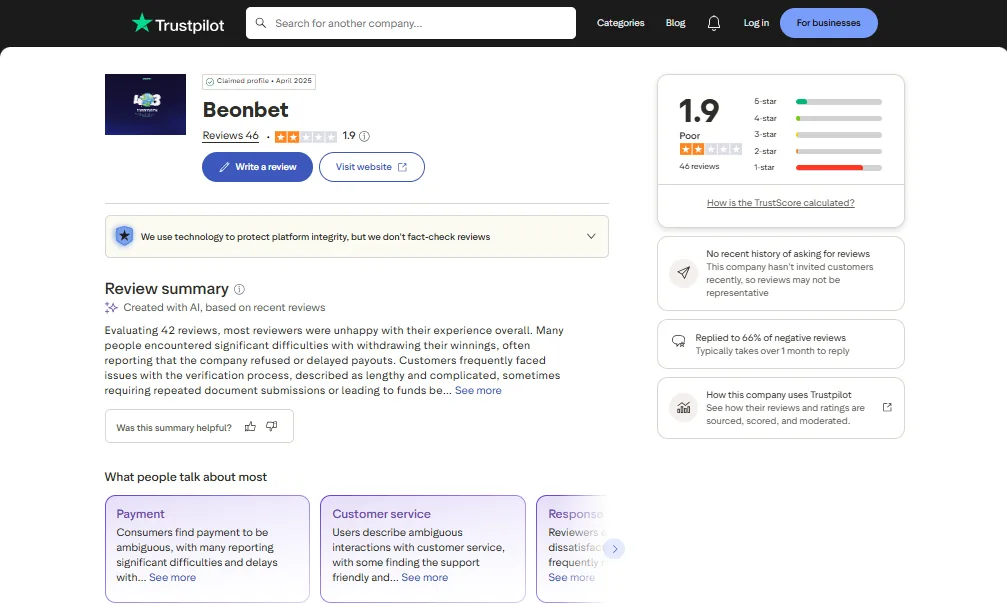 Screenshot of BeonBet's Trustpilot rating overview