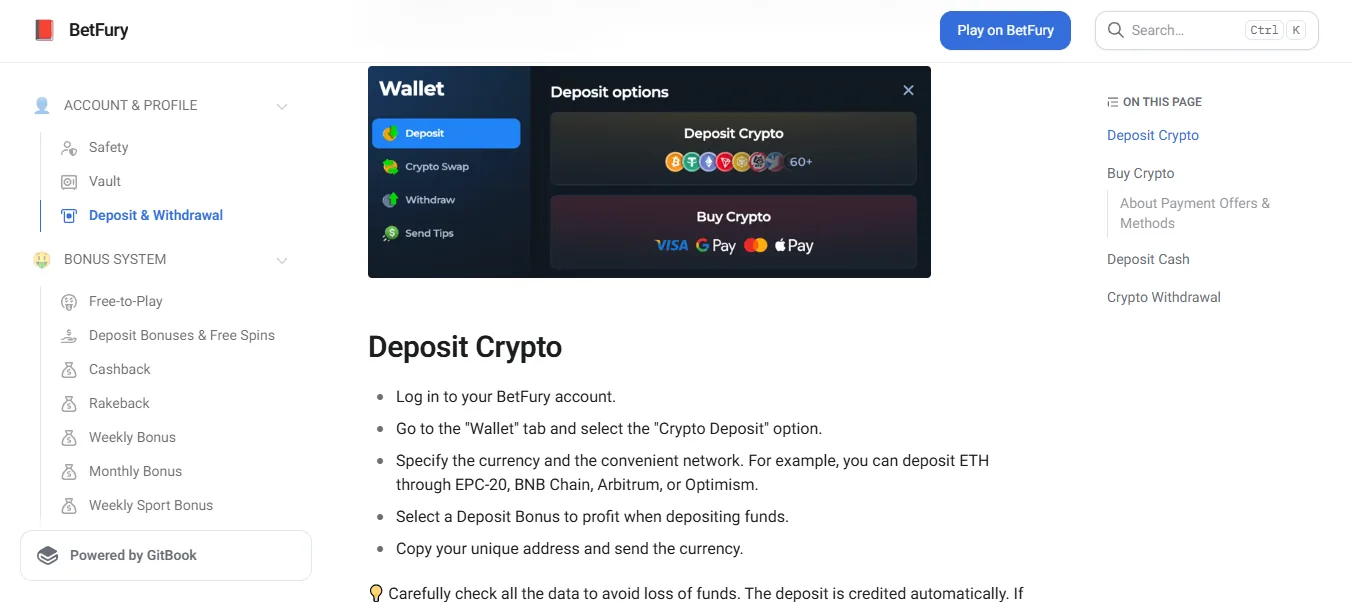 Screenshot of BetFury's cashier and payment methods